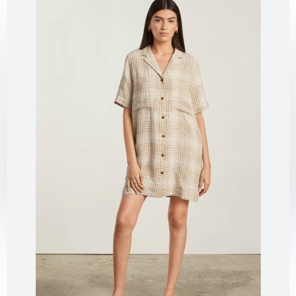 Everlane Beige Plaid Short Sleeve Shirt Dress